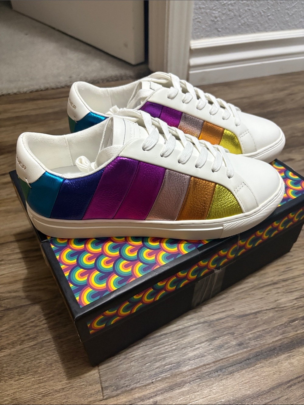 Kurt Geiger White Sneakers with Metallic Rainbow Panels